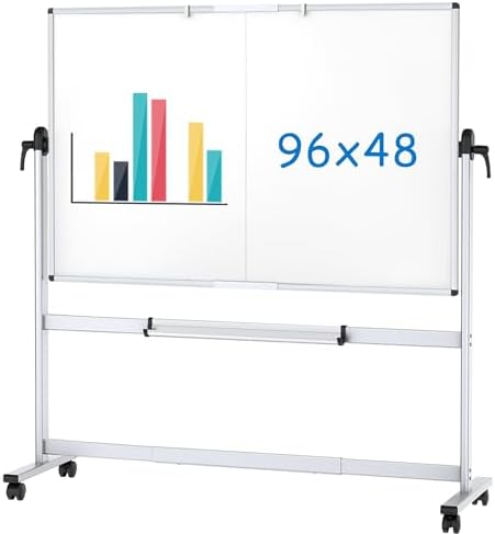 Double-Sided Mobile Whiteboard, 96 x 48 Inches, Magnetic Rolling Dry Erase White Board on Wheels with Aluminium Frame and Stand