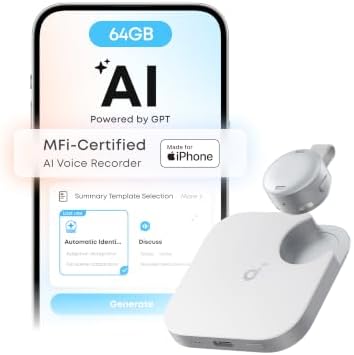 Work AI Voice Recorder by Anker,Wearable Note Taker for Meetings, Transcribe and Summarize (300 Mins/Mo Included, Optional App Upgrades), MFi Certified, 64 GB, 150+ Languages, USB-C Charging