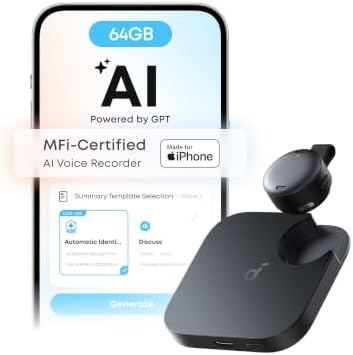 Work AI Voice Recorder by Anker,Wearable Note Taker for Meetings, Transcribe and Summarize (300 Mins/Mo Included, Optional App Upgrades), MFi Certified, 64 GB, 150+ Languages, USB-C Charging