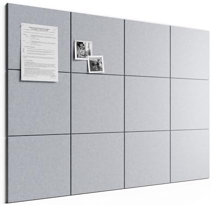 Large Felt Bulletin Board, 48" x 36" Cork Board Alternative, 12-Pack Solid Felt Wall Tiles with 30 Push Pins and 70 Adhesive Tabs, Ideal for Office, Home & Classroom, Soft Gray