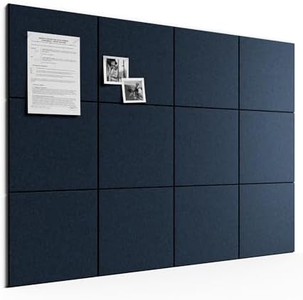 Large Felt Bulletin Board, 48" x 36" Cork Board Alternative, 12-Pack Solid Felt Wall Tiles with 30 Push Pins and 70 Adhesive Tabs, Ideal for Office, Home & Classroom, Carbon Blue