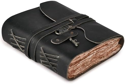 Vintage Leather Journal – 200 Handmade Vintage Watercolor Deckle Edge Paper – Leather bound Journal For Women Men – Key Lock Closure - Book of Shadows - Black - 13X8 inches