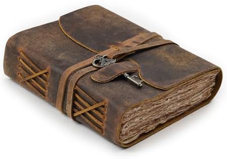 Vintage Leather Journal – 200 Handmade Vintage Watercolor Deckle Edge Paper – Leather bound Journal For Women Men – Key Lock Closure - Book of Shadows - Cappuccino Brown - 13X8 inches