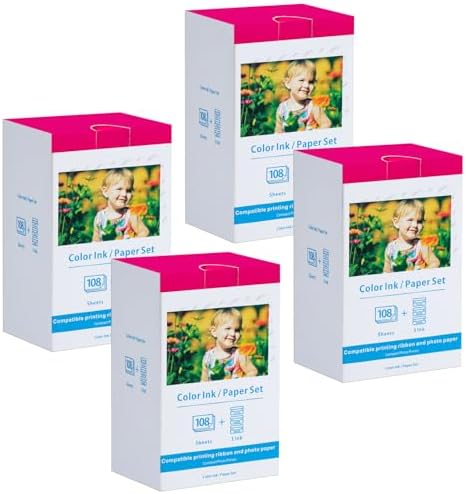 4 Pack Compatible Canon Selphy CP1300 CP1500 Ink and Paper KP-108IN Includes 432 Sheets and 12 Ink Cassettes