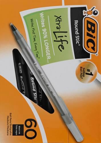 Round Stic Extra Life Long-Lasting Ink and Comfortable Grip Ballpoint Pen, 60-Count in Black Ink (Pack of 2)