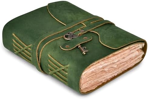 Vintage Leather Journal – 200 Handmade Vintage Watercolor Deckle Edge Paper – Leather bound Journal For Women Men – Key Lock Closure - Book of Shadows - Green - 13X8 inches