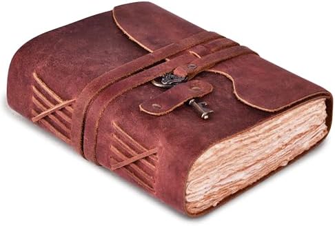 Vintage Leather Journal – 200 Handmade Vintage Watercolor Deckle Edge Paper – Leather bound Journal For Women Men – Key Lock Closure - Book of Shadows - Red Brown - 13X8 inches