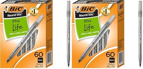 Round Stic Extra Life Long-Lasting Ink and Comfortable Grip Ballpoint Pen, 60-Count in Black Ink (Pack of 2)
