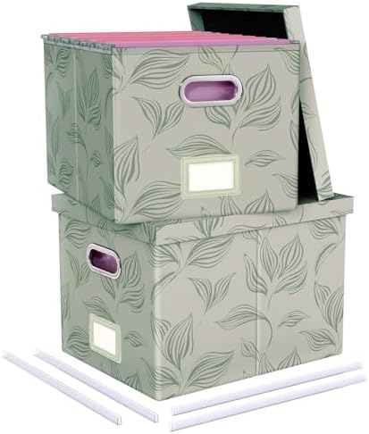 2 Pack File Storage Organizer, Document Organizer, Portable File Box with Lid, Fit for Letter/Legal File Folder Storage,Leaf Gray-Box only
