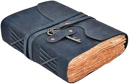 Vintage Leather Journal – 200 Handmade Watercolor Vintage Deckle Edge Paper – Leather bound Journal For Women Men – Key Lock Closure - Book of Shadows - Blue - 13X8 inches