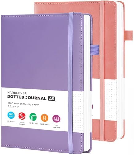 2 Pack Bullet Dotted Notebook Journals for Women, A5 Leather Journal Note Book with 100 GSM Dot Grid Paper, Pink & Purple Notebooks for Writing Work, Office School Supplies, 5.7"x8.4"