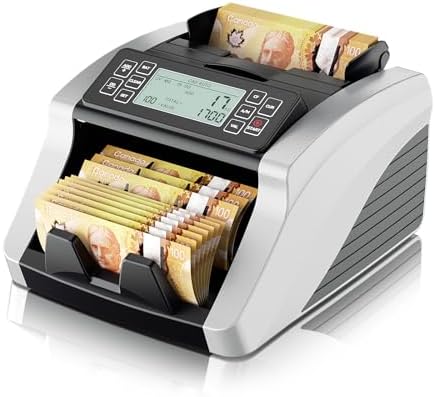 Money Counter Machine, Value Counting, UV/MG/MT/IR/DD Counterfeit Detection, 3.7" LCD Display Cash Counting Machine, CAD Bill Counter,1200 Bills/min, Silver