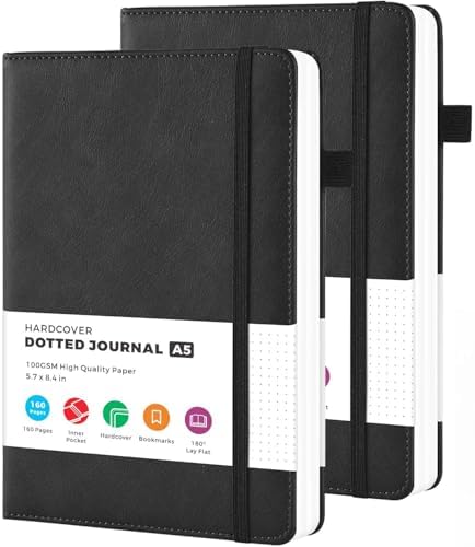 2 Pack Bullet Dotted Journal Notebook, A5 Dot Grid Notebook Journaling Supplies for Women/Men Work Writing, 100GSM Thick Paper, No Bleed, Inner Pocket, Black Leather Hardcover, 5.7" x 8.4"