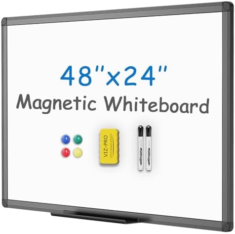 Magnetic Whiteboard/Dry Erase Board with Black Aluminium Frame, 48 X 24 Inches, Includes 1 Eraser & 2 Markers & 4 Magnets | Includes 1 Eraser, 2 Markers & 4 Magnets, Wall Mounted Whiteboard for School Office and Home