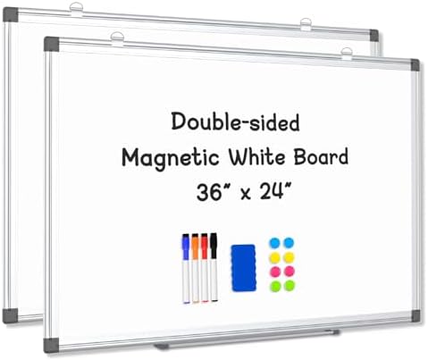 2 Pack Double-Sided Magnetic Aluminum Frame Whiteboard, 36" x 24" | White Board for Wall, Hanging Mounting White Board Dry Erase Board Marker Board for Kitchen, Memo, School, Home, Office