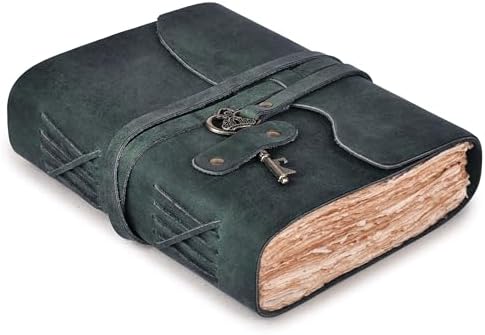 Vintage Leather Journal – 200 Handmade Vintage Watercolor Deckle Edge Paper – Leather bound Journal For Women Men – Key Lock Closure - Book of Shadows - Turquoise - 13X8 inches
