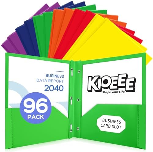 96 Pack Heavy Duty Plastic Folders with 2 Pockets and 3 Prongs,Fit Letter Size Paper, Business Card Slot, Assorted Colors for School and Office