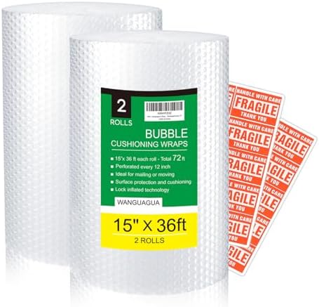 2 Pack 15 Inch x 72 ft Total Bubble Packing Wrap for Moving Boxes Shipping Cushioning Supplies Perforated Every 12”