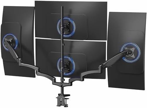 Quad Pneumatic Monitor Mount for 4 Screens up to 32 inches, Fully Adjustable, Heavy Duty Desk Stand with C-Clamp, Black, STAND-V400G