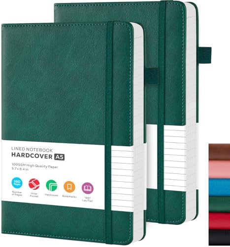 Notebook Journal for Work, 2 Pack Leather Journals for Women/Men, Hardcover Notebook for School Office Supplies, Travel Notepad with 100GSM Lined Paper, Inner Pocket, A5 (5.7"x8.4"), Green