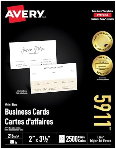 Printable Micro-Perforated Business Cards with Surefeed Technology, 2" x 3.5", Double Sided Printing, Matte White Cardstock, for Laser/Inkjet Printer, 2500 Blank Cards, (5911)