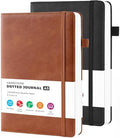 2 Pack Bullet Dotted Journal Notebook, Hardcover Leather A5 Diary Journaling Supplies for Women/ Men Work Writing, 100GSM Thick Paper, Inner Pocket, Brown Black, Office School Supplies, 5.7" x 8.4"