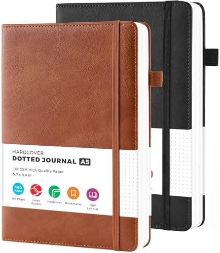 2 Pack Bullet Dotted Journal Notebook, Hardcover Leather A5 Diary Journaling Supplies for Women/ Men Work Writing, 100GSM Thick Paper, Inner Pocket, Brown Black, Office School Supplies, 5.7" x 8.4"