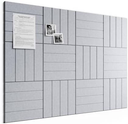 Large Felt Bulletin Board, 48" x 36" Cork Board Alternative, 12-Pack Bold Stripe Felt Wall Tiles with 30 Push Pins and 70 Adhesive Tabs, Ideal for Office, Home & Classroom, Soft Gray