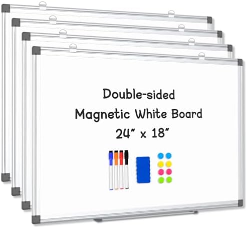 4 Pack Double-Sided Magnetic Aluminum Frame Whiteboard, 24" x 18" | White Board for Wall, Hanging Mounting White Board Dry Erase Board Marker Board for Kitchen, Memo, School, Home, Office