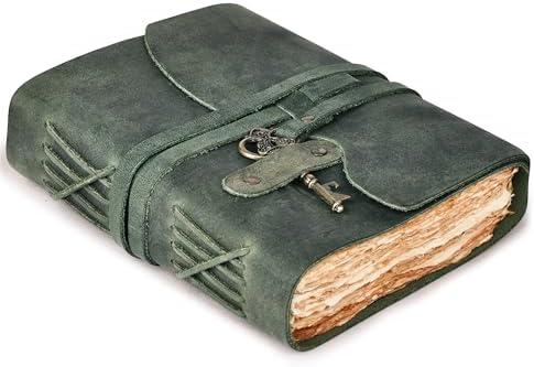 Vintage Leather Journal – 200 Handmade Vintage Watercolor Deckle Edge Paper – Leather bound Journal For Women Men – Key Lock Closure - Book of Shadows - Aqua - 13X8 inches