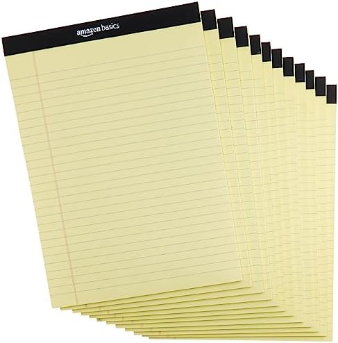 Basics Wide Ruled Lined Writing Note Pad, 8.5" x 11.75", Canary, 600 Perforated Sheets, 12-Pack of 50