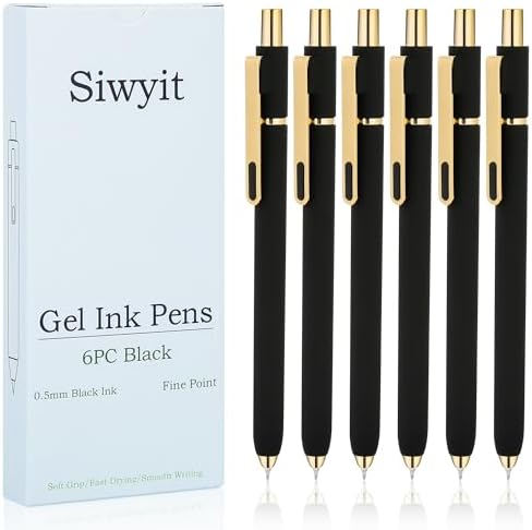 Gel Pens 6 Pcs, 0.5mm Quick Dry Black Ink Pens Fine Point Smooth Writing Pens, Retractable Pens for Journaling Note Taking,Stylo Gel Gift for Women (Pure Black-6PC)