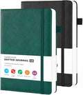 2 Pack Bullet Dotted Journal Notebook, Hardcover Leather A5 Dot Grid Notebook Journaling Supplies for Women/ Men Work Writing, 100GSM Thick Paper, No Bleed, Inner Pocket, Green Black, 5.7" x 8.4"