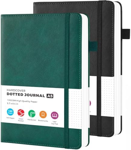 2 Pack Bullet Dotted Journal Notebook, Hardcover Leather A5 Dot Grid Notebook Journaling Supplies for Women/ Men Work Writing, 100GSM Thick Paper, No Bleed, Inner Pocket, Green Black, 5.7" x 8.4"