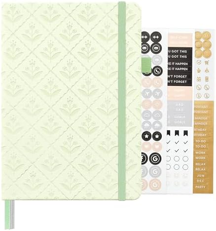 And Per Se Dotted Journal Notebook with Pattern, A5 Leather Hardcover, 160 Pages 100 GSM Thick Paper Bullet Journal with vegan Leather Cover Lay Flat 3 Sticker Sheets & Expandable Pocket - 5.7" x 8" (Light Green)