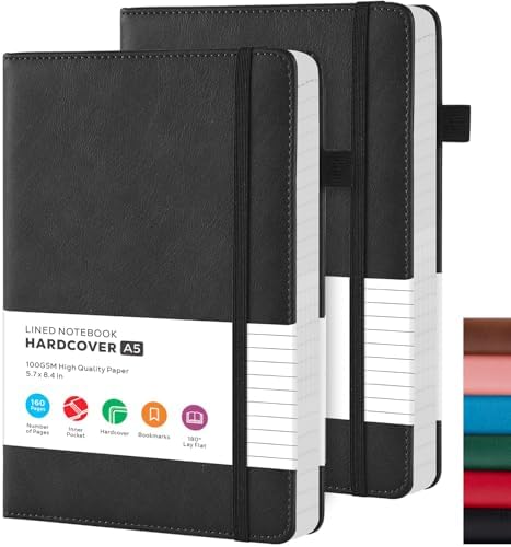 2 Pack Lined Journal Notebook, A5 (5.7"x8.4") Journaling Notebooks for Women Men Writing Work, Black Leather Hardcover, 160 Pages, 100GSM Paper, Daily Journal College Ruled, School Office Supplies