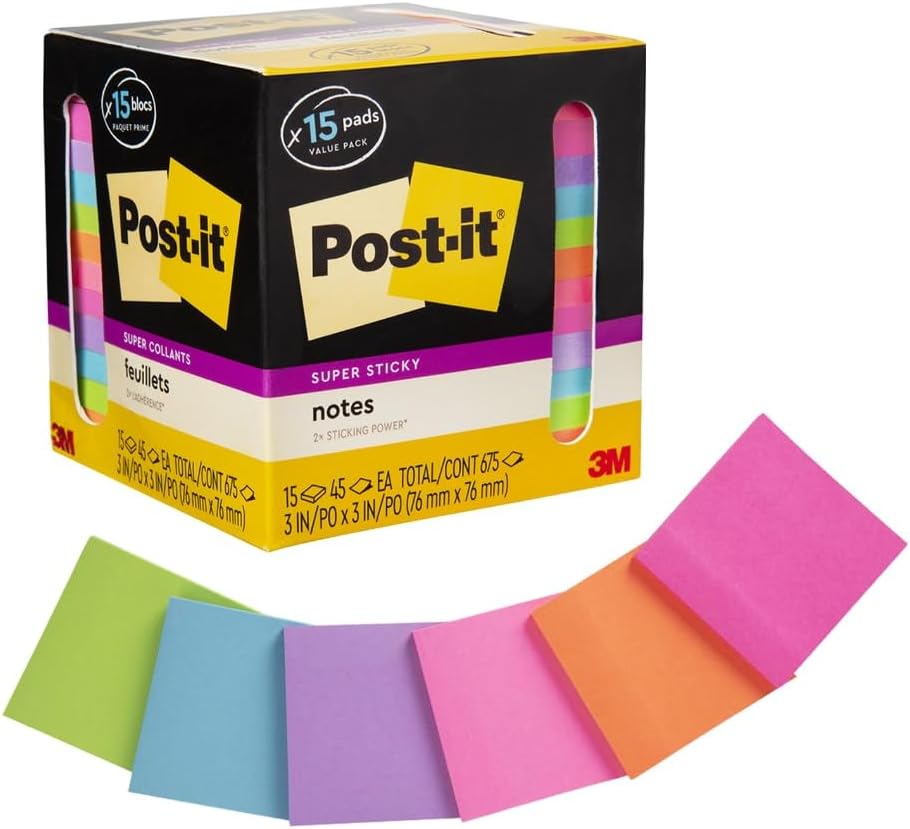 Super Sticky Notes, 15 Sticky Notes Pads, 3 x 3 in., School Supplies and O?ce Supplies, 2X the Sticking Power, Assorted Brights | School Supplies and O?ce Supplies, 2X the Sticking Power