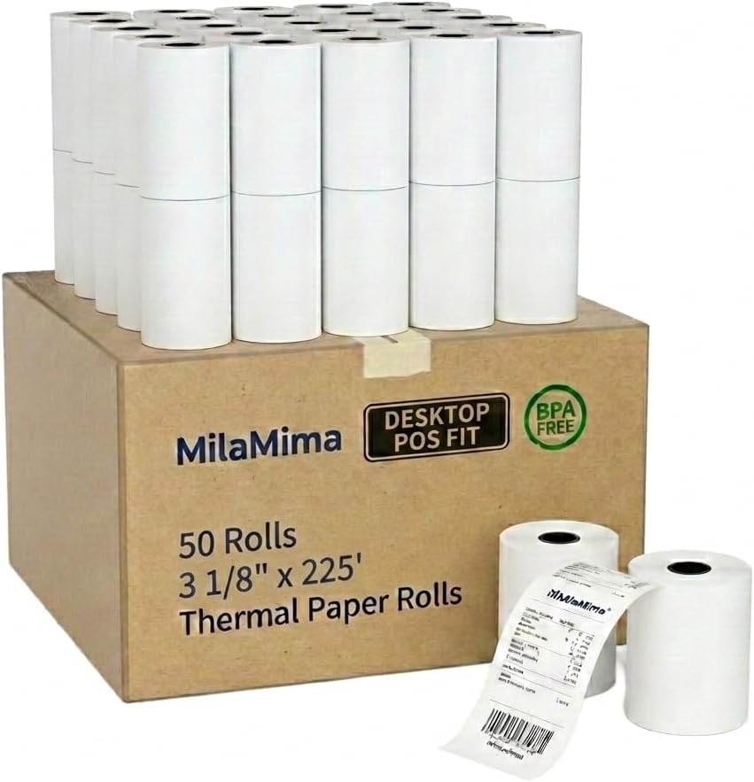 3-1/8" (80mm) 3.125" WIDTH 119' 50 Rolls in a Case 7/16" CORE BPA Free Thermal Paper Rolls Made In USA from .