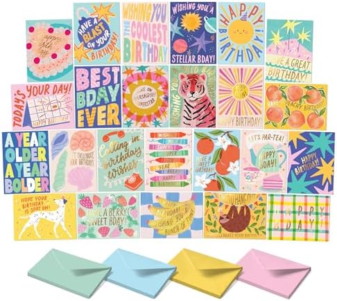 Happy Birthday Cards with Envelopes & Assortment Box. Variety Set of 24 Assorted Birthday Cards with Envelopes, Perfect Bulk Pack for Celebrations, Special Occasions, Friends-4x5.5"