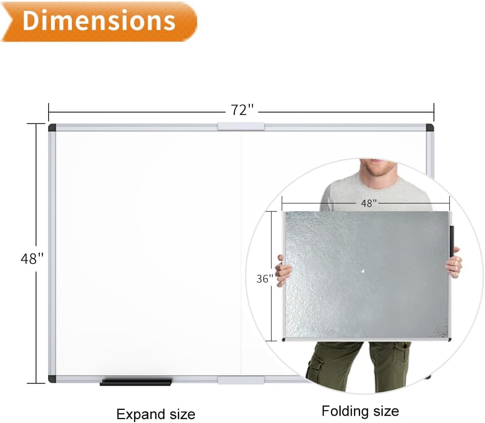 Large Dry Erase White Board/Magnetic Foldable Whiteboard, 72 X 48 Inches, Silver Aluminium Frame