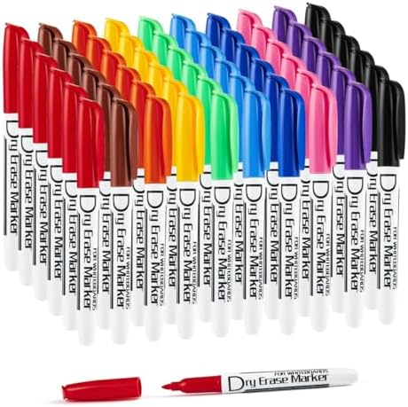 Dry Erase Markers Bulk Pack of 60 Low Odor Fine Whiteboard Pens, 10 Assorted Colors for Whiteboard Dry Erase Calendar