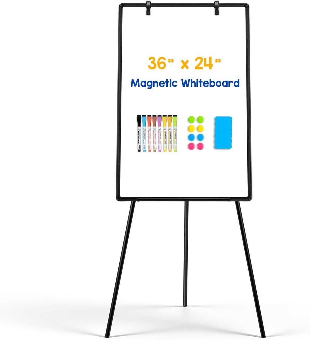 Magnetic Whiteboard Easel, 36"x24" （Black） | Height Adjustable Flipchart Easel with Stand, Large Aluminium Frame White Board for Office or Teaching at Home & Classroom