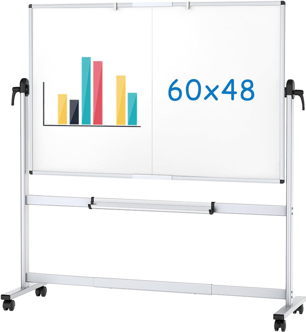 Double-Sided Mobile Whiteboard, 60 x 48 Inches, Magnetic Rolling Dry Erase White Board on Wheels with Aluminium Frame and Stand