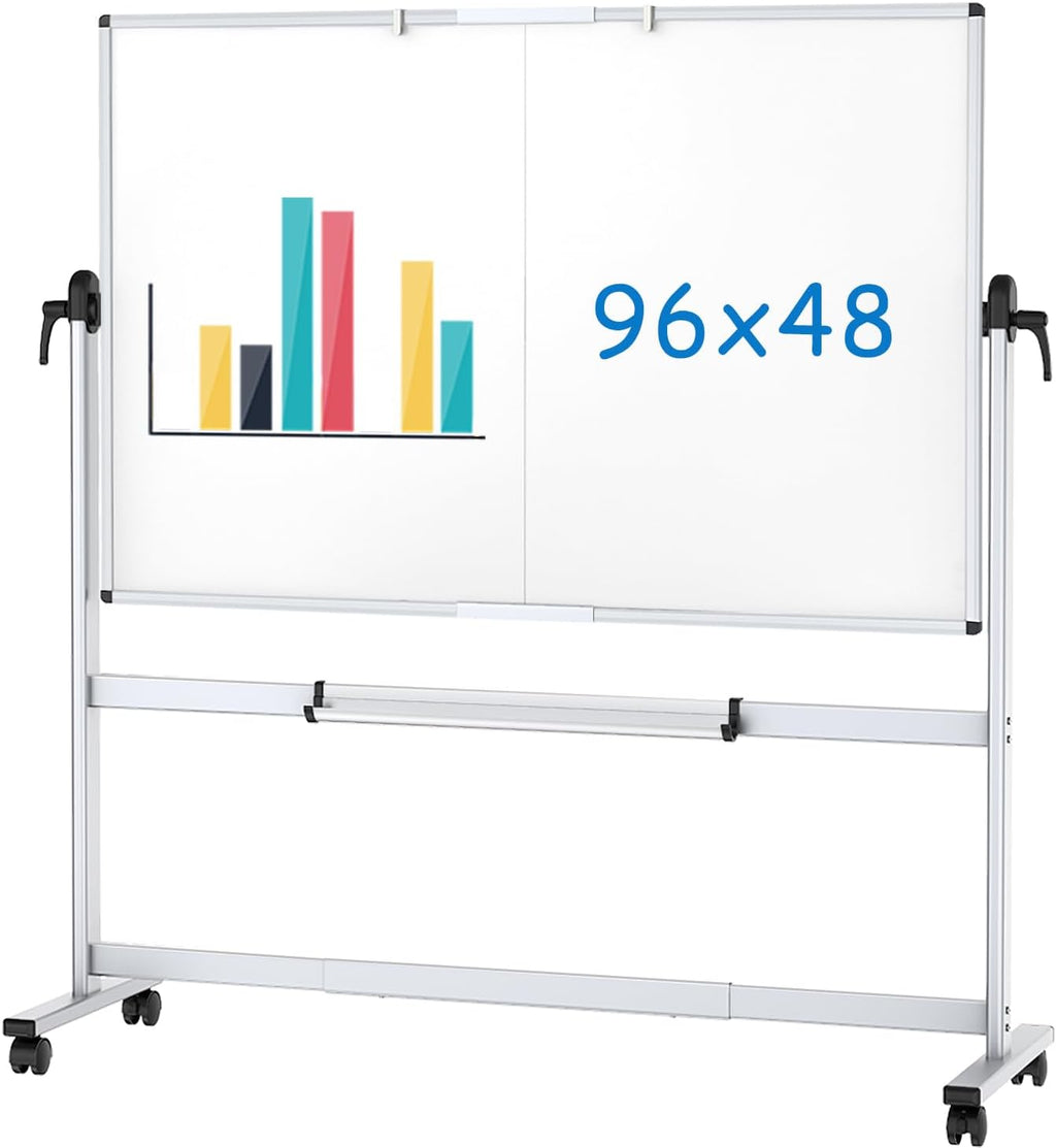 Double-Sided Mobile Whiteboard, 96 x 48 Inches, Magnetic Rolling Dry Erase White Board on Wheels with Aluminium Frame and Stand