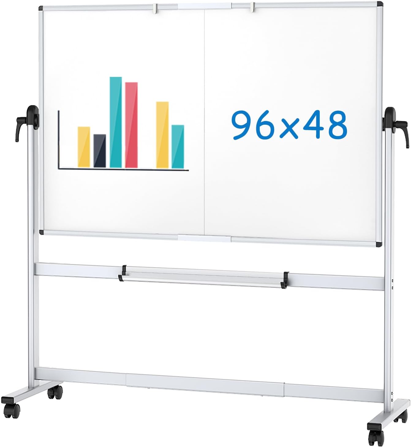 Double-Sided Mobile Whiteboard, 96 x 48 Inches, Magnetic Rolling Dry Erase White Board on Wheels with Aluminium Frame and Stand