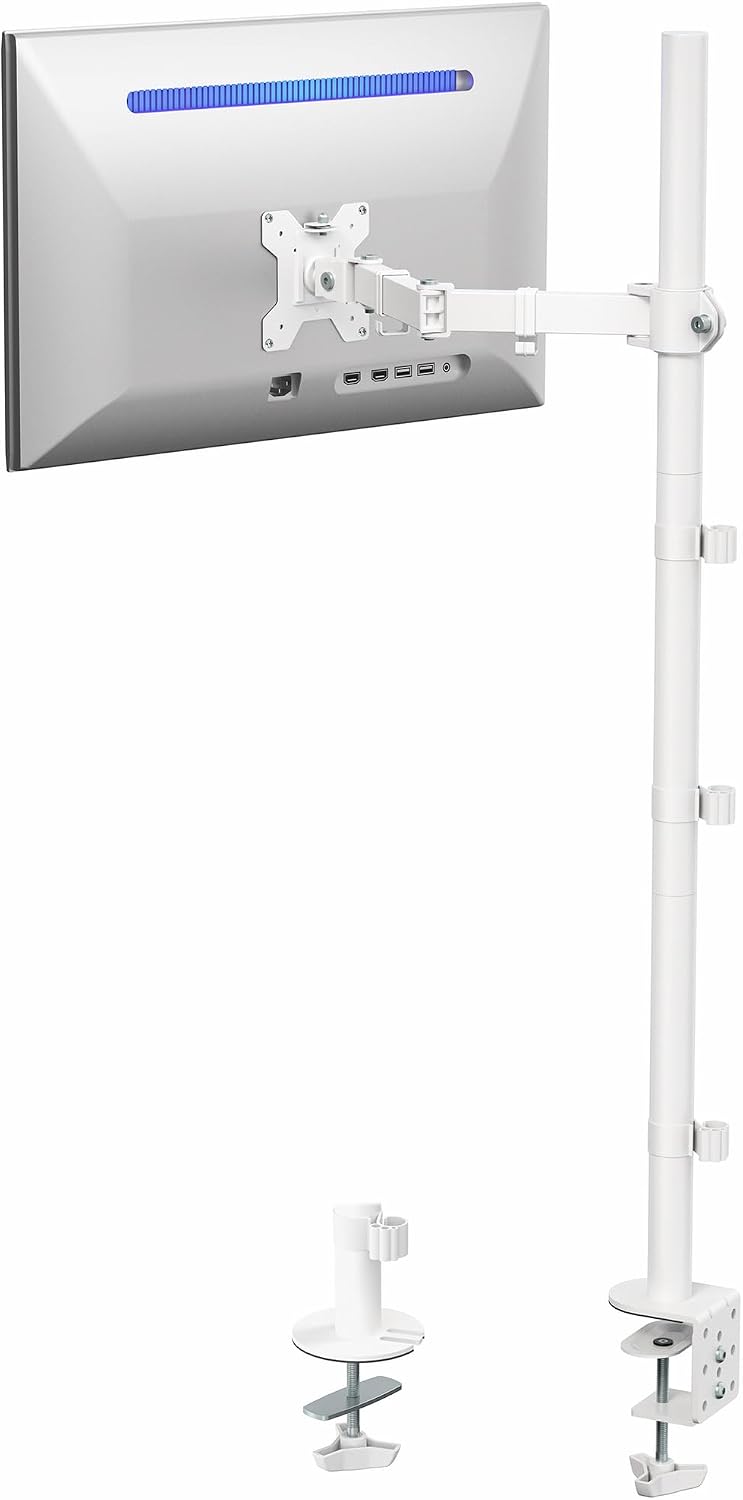 Extra Tall Single Monitor Desk Mount Stand with 39 inch Pole, Features Full Adjustability - Tilt and Articulation, Holds 13 to 32 inch Screens up to 10kg with VESA Mounting, White, STAND-V011W
