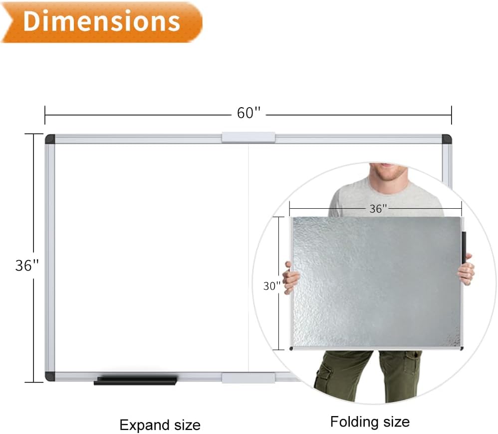 Large Dry Erase White Board/Magnetic Foldable Whiteboard, 60 X 36 Inches, Silver Aluminium Frame