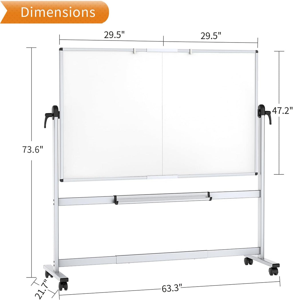 Double-Sided Mobile Whiteboard, 60 x 48 Inches, Magnetic Rolling Dry Erase White Board on Wheels with Aluminium Frame and Stand