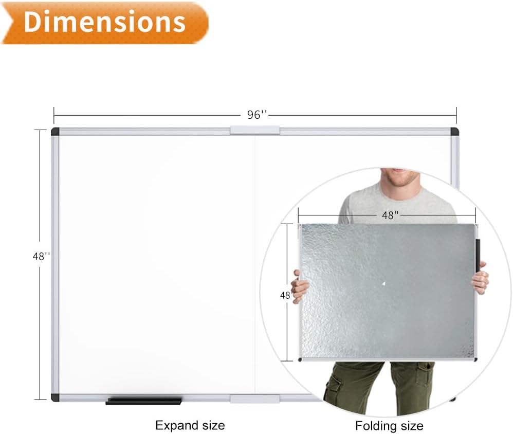 Magnetic Dry Erase Board/Foldable Whiteboard, 96 X 48 Inches | Silver Aluminum Frame, Wall-Mounted Board with Marker Tray for School Office and Home 8' X 4'