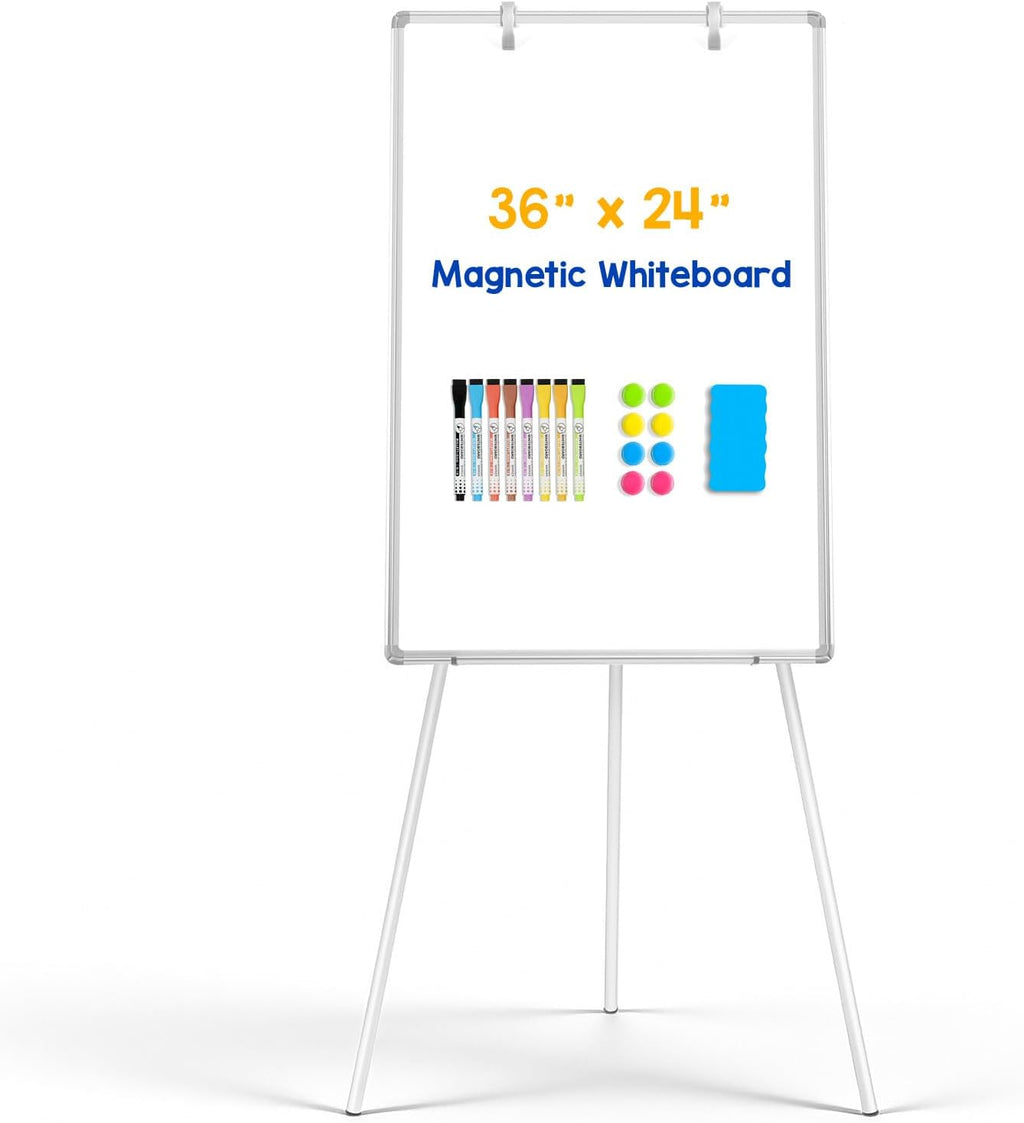 Magnetic Whiteboard Easel, 36"x24" | Height Adjustable Flipchart Easel with Stand, Large Aluminium Frame White Board for Office or Teaching at Home & Classroom